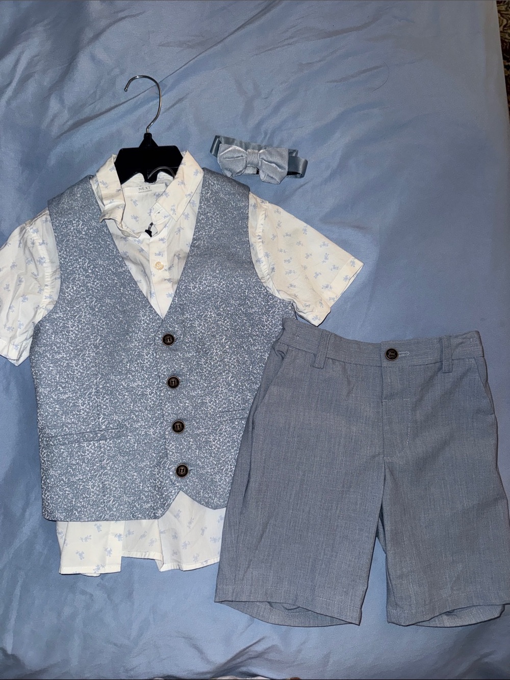 NEXT boy dress set-blue waistcoat shirt shorts & tie 5-6 years old